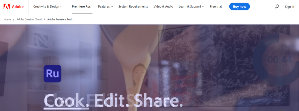 High Social's Screenshot einer Seite auf Adobes Website, die für den Premiere Rush Video Editor wirbt.