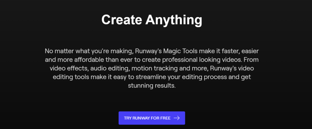 Schermata di High Social della pagina "Create Anything" dal sito web di Runway.