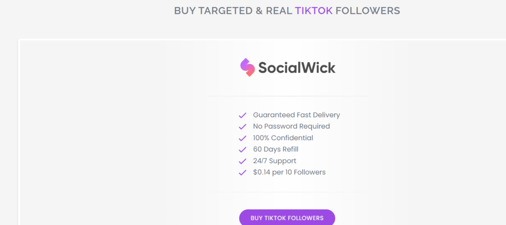 Capture d'écran de High Social de la page de Socialwick pour l'achat de followers TikTok.