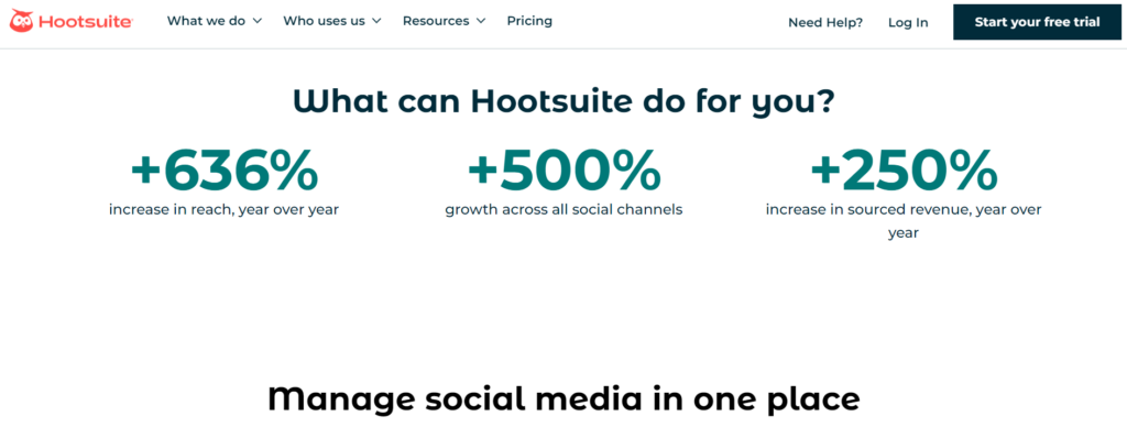 Hootsuite ホームページのスクリーンショット