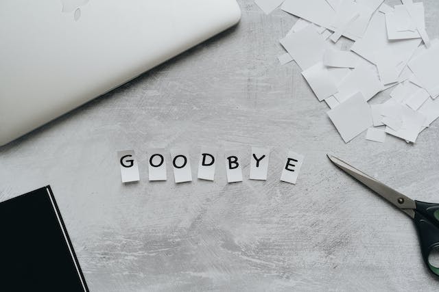 A picture of black cut-out letters spelling the word “GOODBYE.”