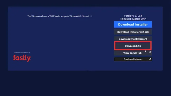 Screenshot of OBS webpage with options to download a zip file. 