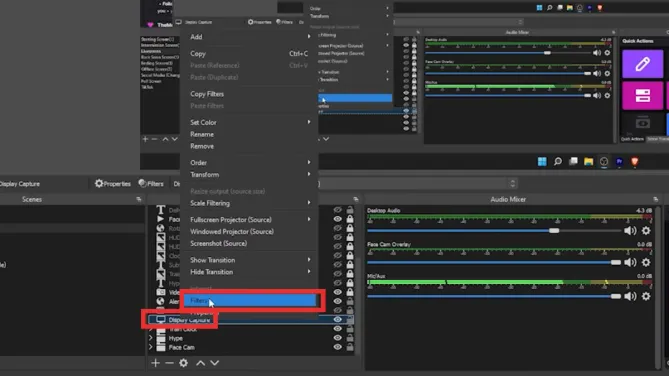 Capture d'écran montrant le menu déroulant et l'option "Filtres".