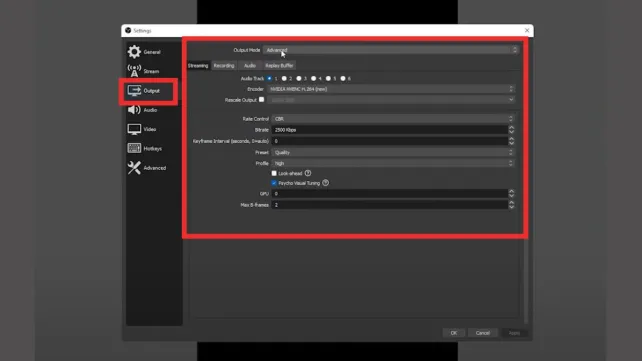 Captura de pantalla que muestra las opciones de Configuración de salida.