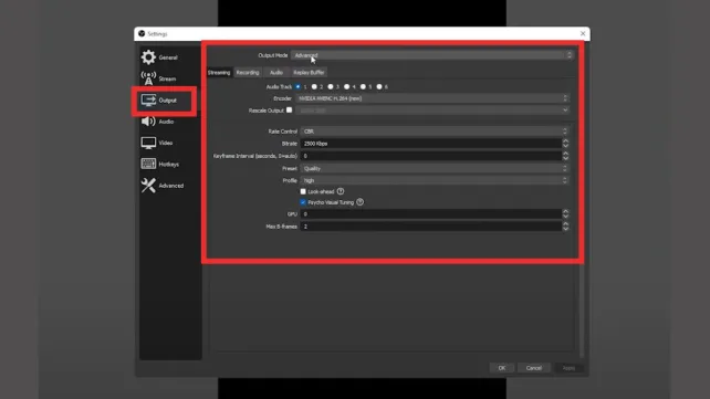 Capture d'écran montrant les options de paramétrage de la sortie.