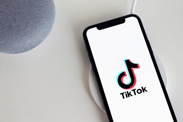 TikTokのロゴが表示された充電台に置かれた携帯電話。