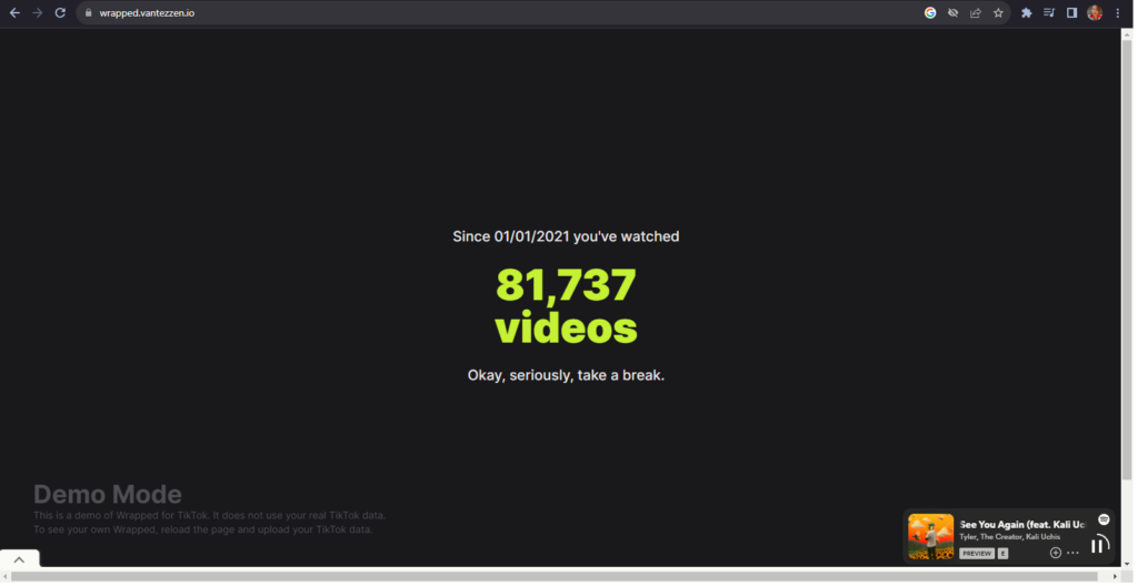 A screenshot of a Wrapped page showing that the user watched 81,737 videos this year. 

