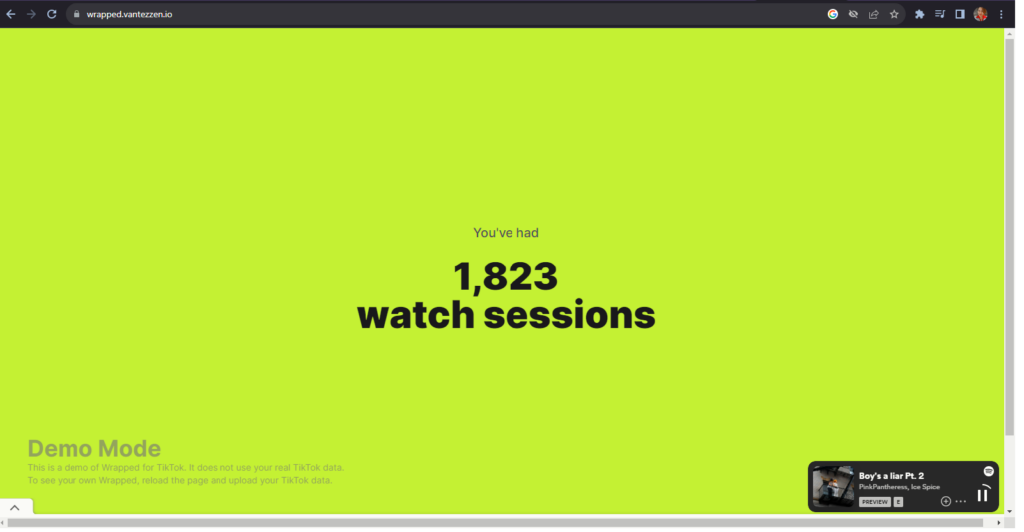 A screenshot of a Wrapped page showing that the user had 1,823 watch sessions this year. 

