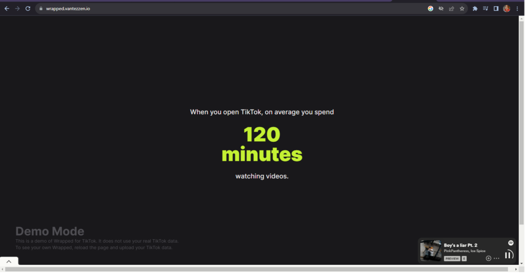 A screenshot of a Wrapped page showing that the user spent an average of 120 minutes watching videos daily that year. 

