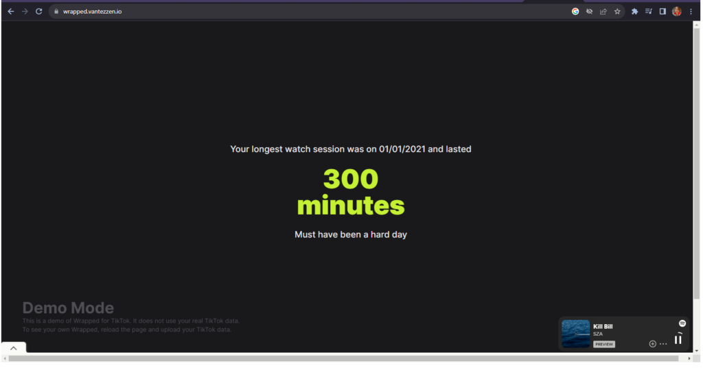 A screenshot of a Wrapped page showing that the user’s longest watch session was 300 minutes one day. 
