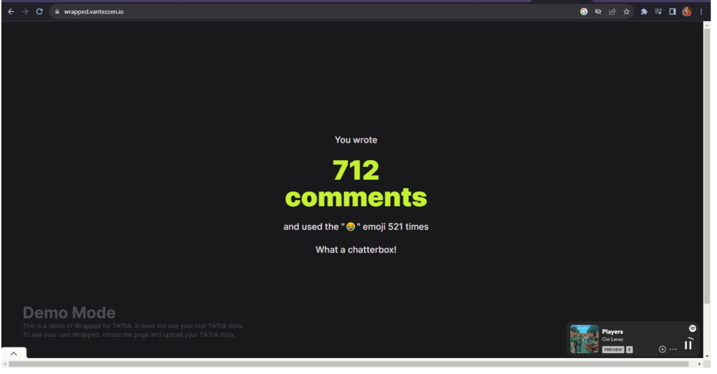 A screenshot of a Wrapped page showing that the user wrote 712 comments and used the crying laughing emoji 521 times. 
