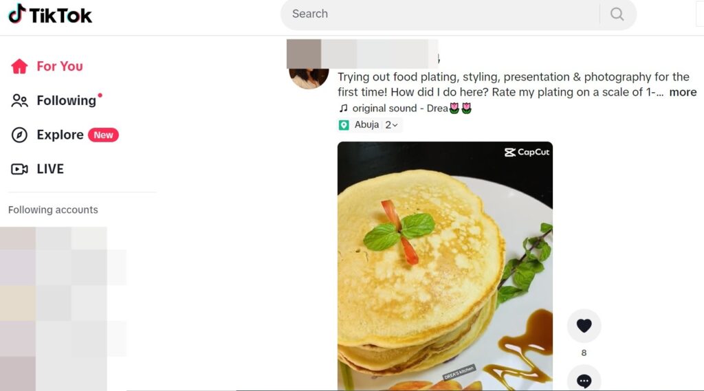 High Social's screenshot van de content van een TikTok food influencer.