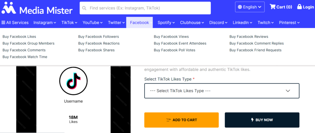 High Social’s screenshot of MediaMister’s page for buying TikTok likes