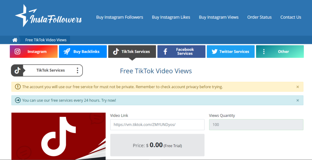Instafollowers "Free TikTok Views "ページのスクリーンショット。