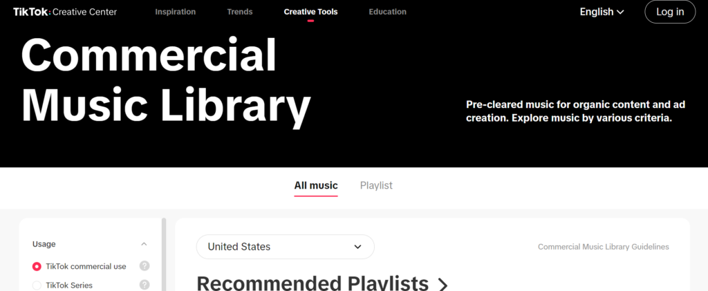 High Social's screenshot van de commerciële muziekbibliotheek van TikTok.