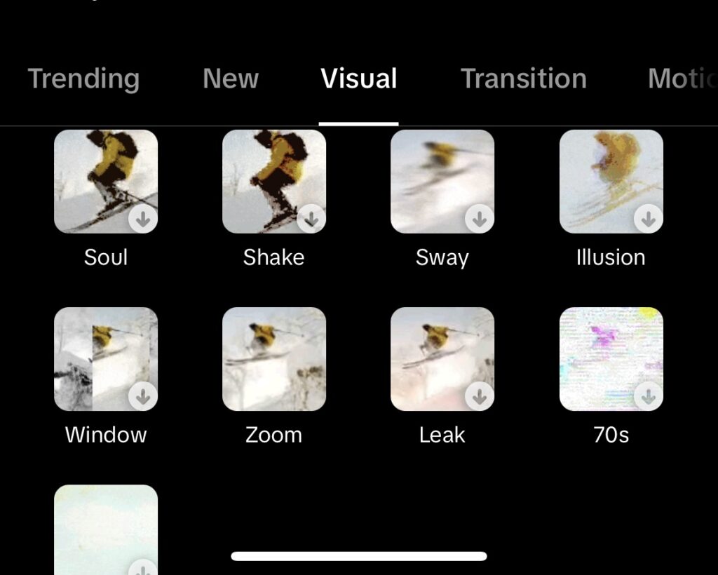 Tiktokのビジュアル編集オプションにあるズーム効果のスクリーンショット。