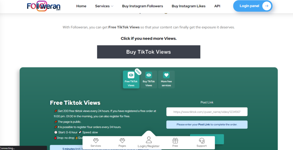 High Social’s screenshot of the Followeran “Free TikTok Views” website page.