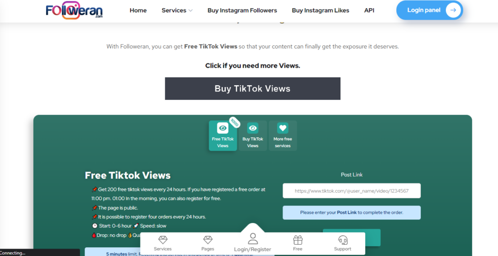 Captură de ecran de la High Social de pe pagina de internet a Followeran "Free TikTok Views".