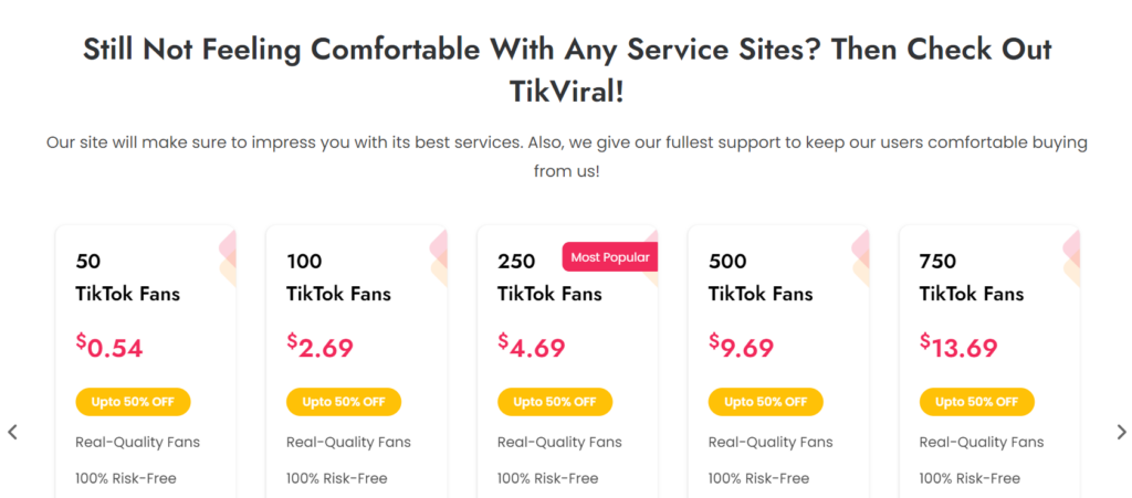 High Social’s screenshot of TikViral’s website page containing pricing information.
