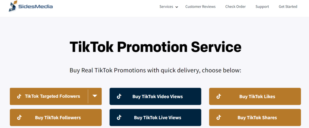High Social’s screenshot of SidesMedia’s TikTok promotion service page.