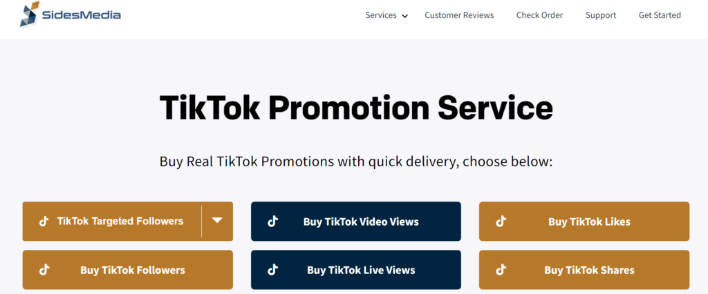 SidesMediaのTikTokプロモーションサービスページのスクリーンショット。