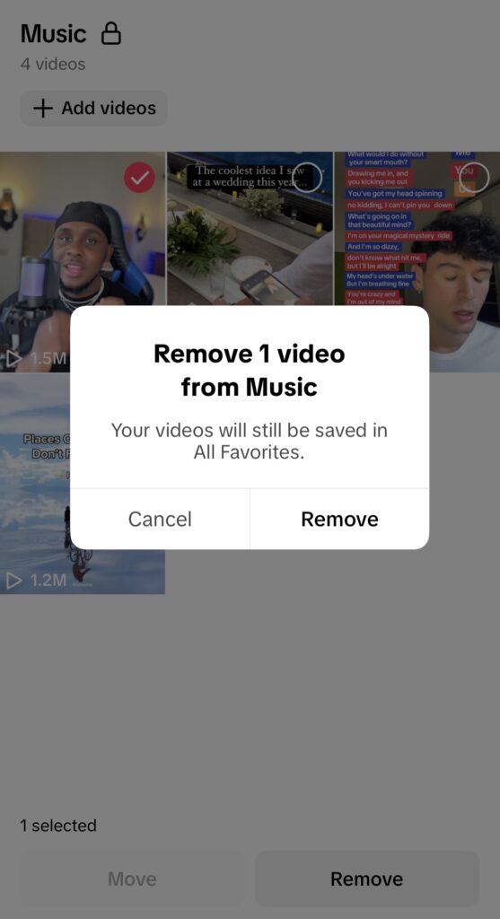 High Social’s screenshot of the option to delete a saved TikTok video.