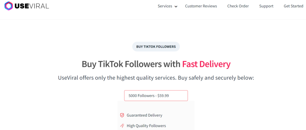 Capture d'écran de High Social de la page d'achat de followers TikTok de UseViral.