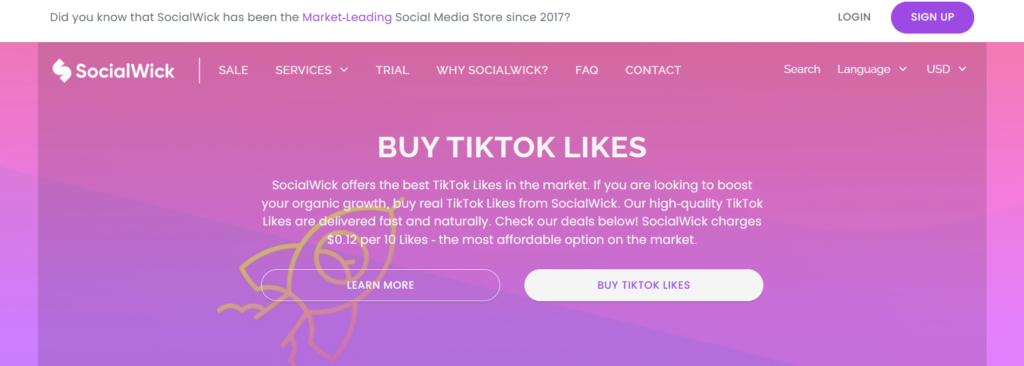 High SocialによるSocial WickのTikTok「いいね！」購入に関する情報ページのスクリーンショット。