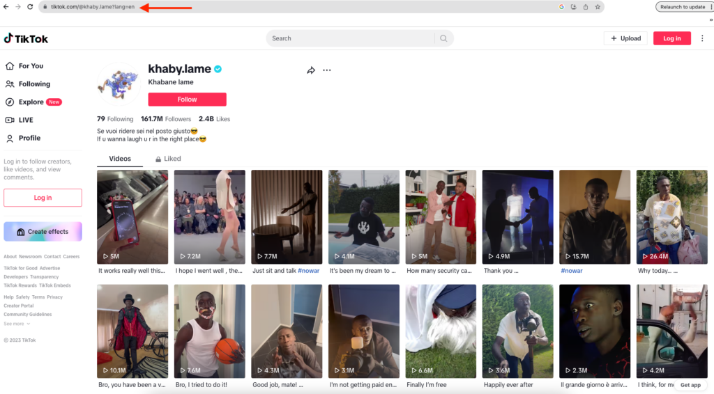 Une page TikTok avec une flèche rouge indiquant l'URL surlignée. 