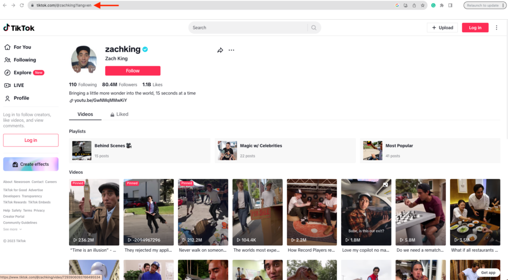 Een TikTok-pagina met een rode pijl die naar de adresbalk wijst.