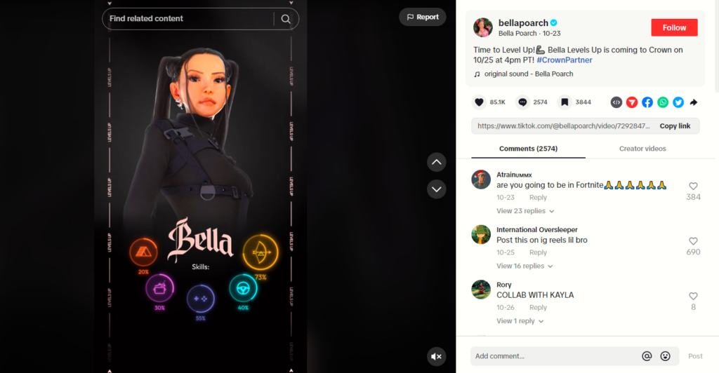 A screenshot of a TikTok video featuring a cartoon female in a black skintight suit. 