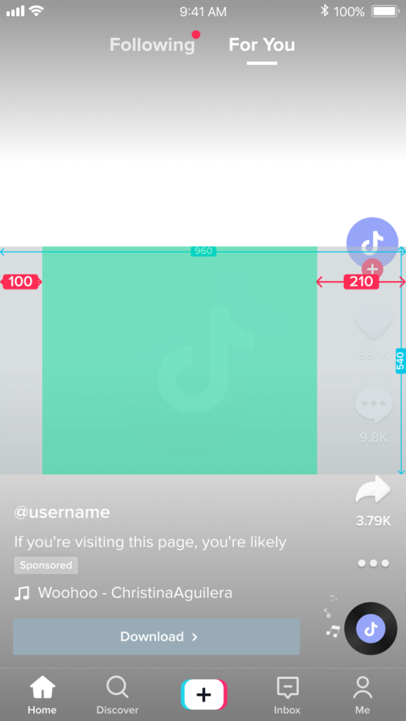 Screenshot of TikTok horizontal video format with measurements for a safe zone for one line of copy.