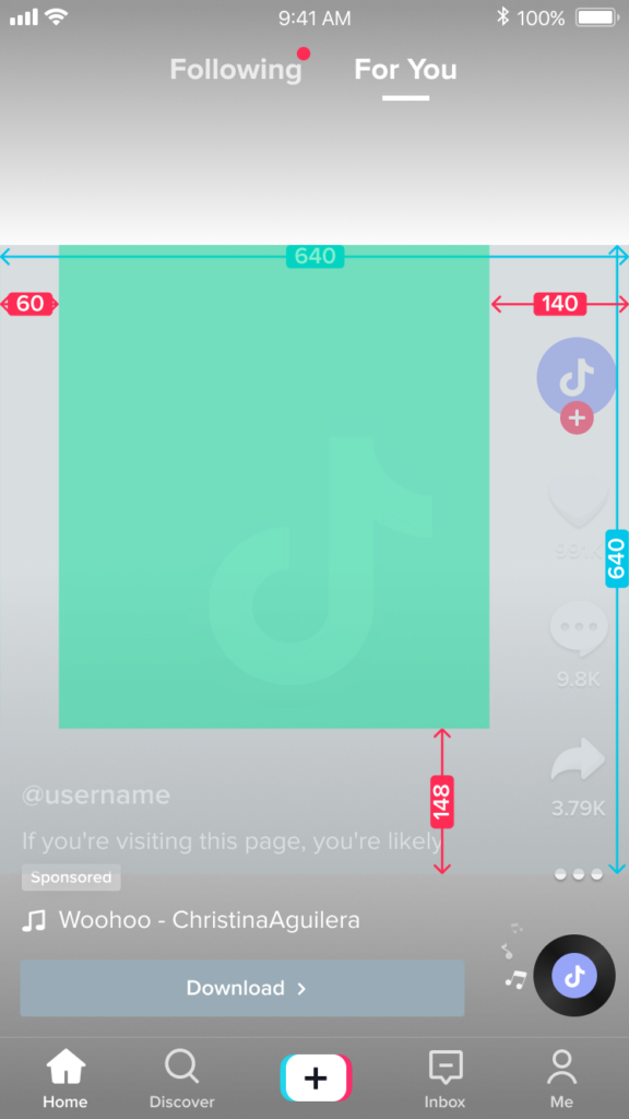 Screenshot of TikTok square video format with measurements for a safe zone for one line of copy.
