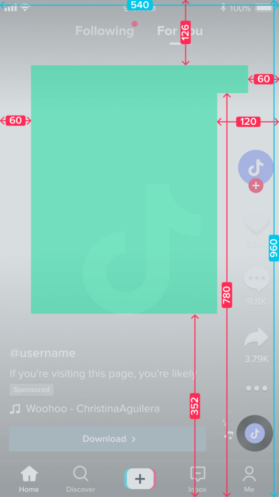 Screenshot of TikTok vertical video format with measurements for a safe zone for one line of copy.