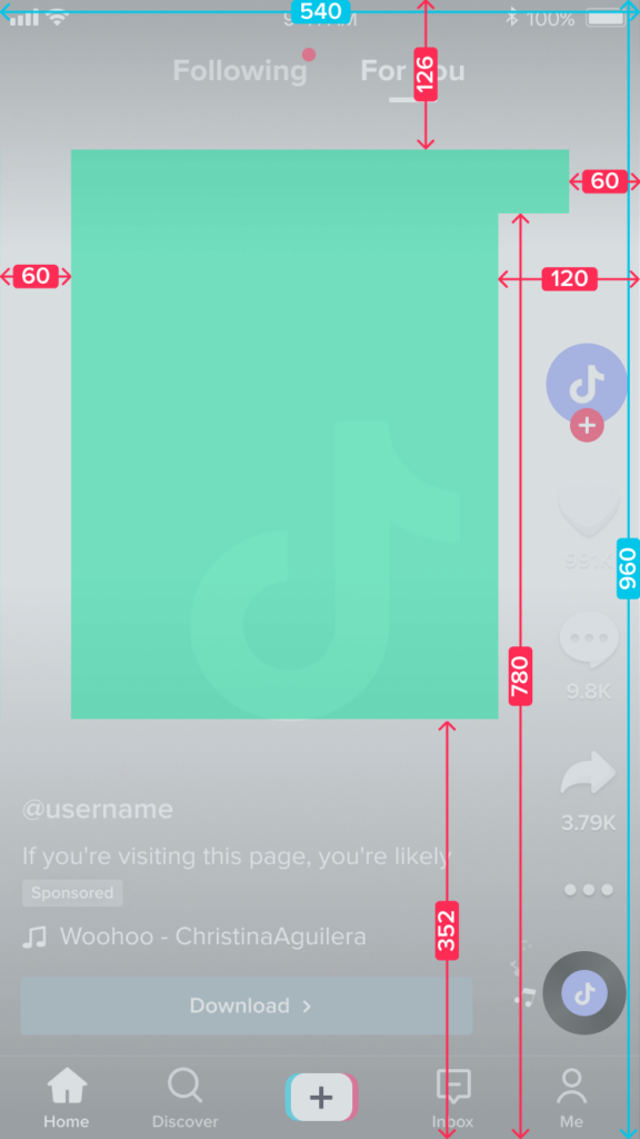 Schermafbeelding van TikTok verticaal videoformaat met afmetingen voor een veilige zone voor één regel kopie.