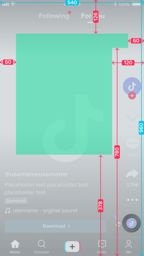 Screenshot of TikTok vertical video format with measurements for a safe zone for two lines of copy.