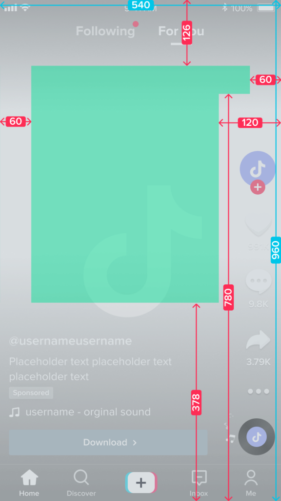 Screenshot van TikTok verticaal videoformaat met metingen voor een veilige zone voor twee regels tekst.