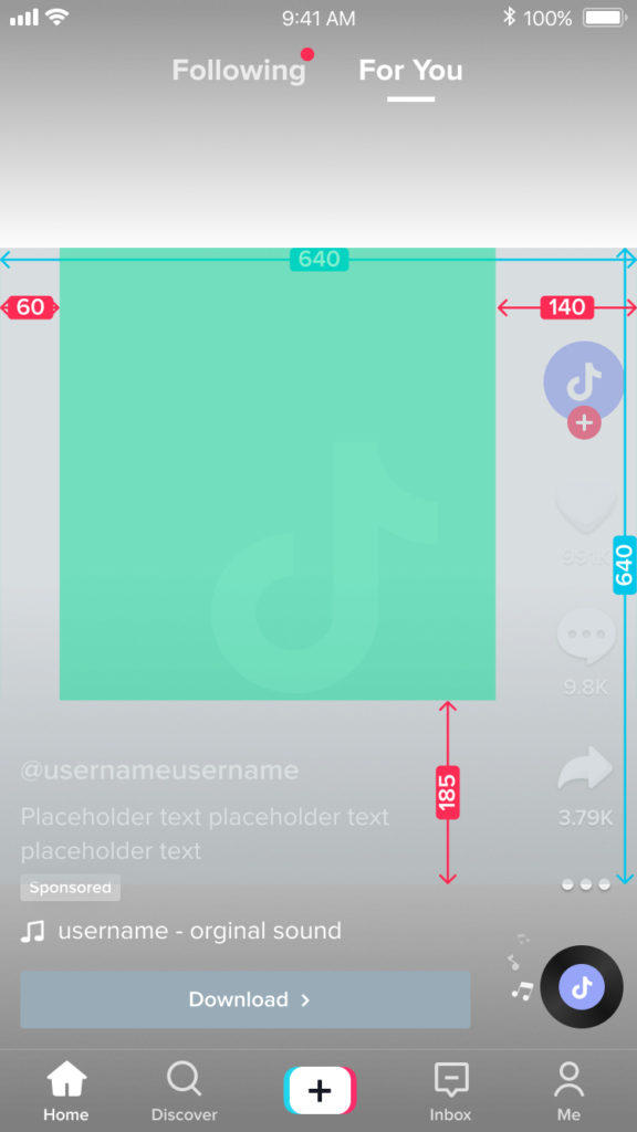 Screenshot of TikTok square video format with measurements for a safe zone for two lines of copy.