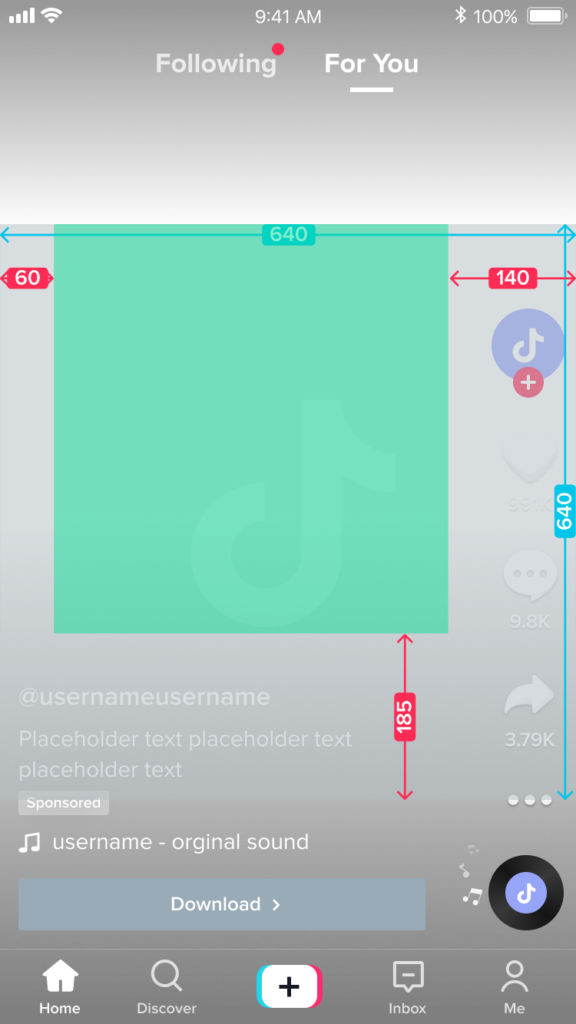 Screenshot van TikTok vierkant videoformaat met afmetingen voor een veilige zone voor twee regels tekst.