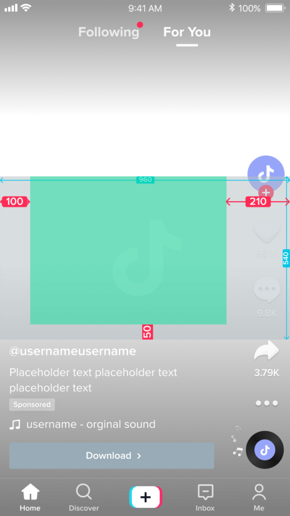 Screenshot of TikTok horizontal video format with measurements for a safe zone for two lines of copy.