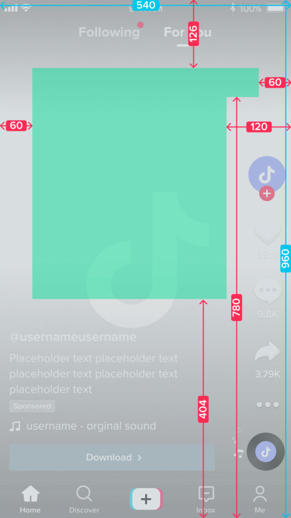 Screenshot van TikTok verticaal videoformaat met metingen voor een veilige zone voor drie regels tekst.