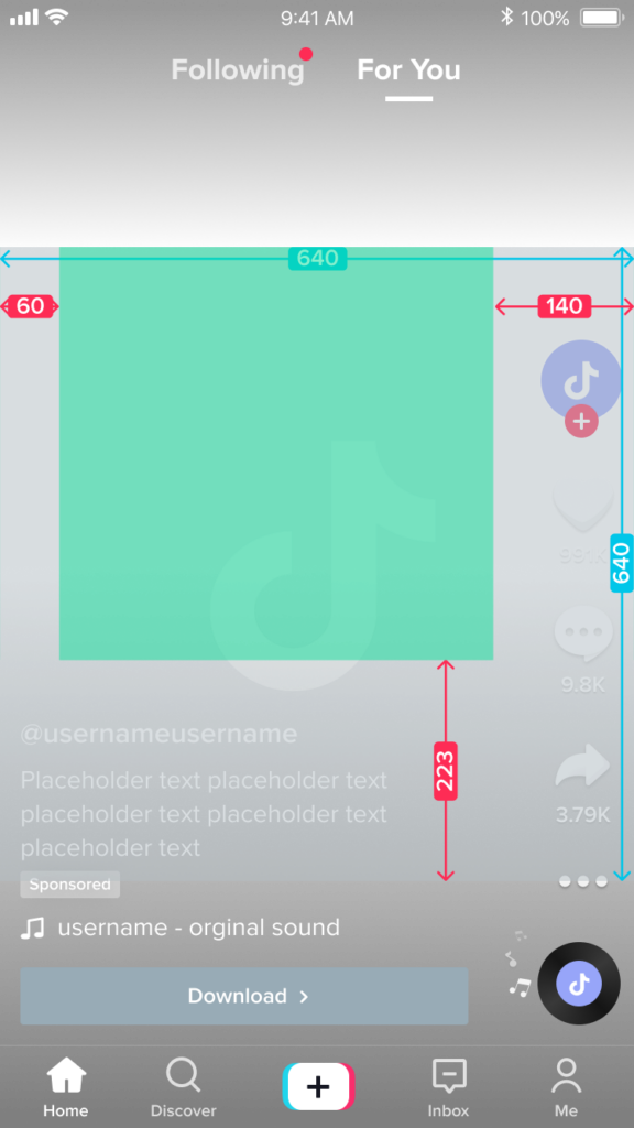 Screenshot of TikTok horizontal video format with measurements for a safe zone for three lines of copy.