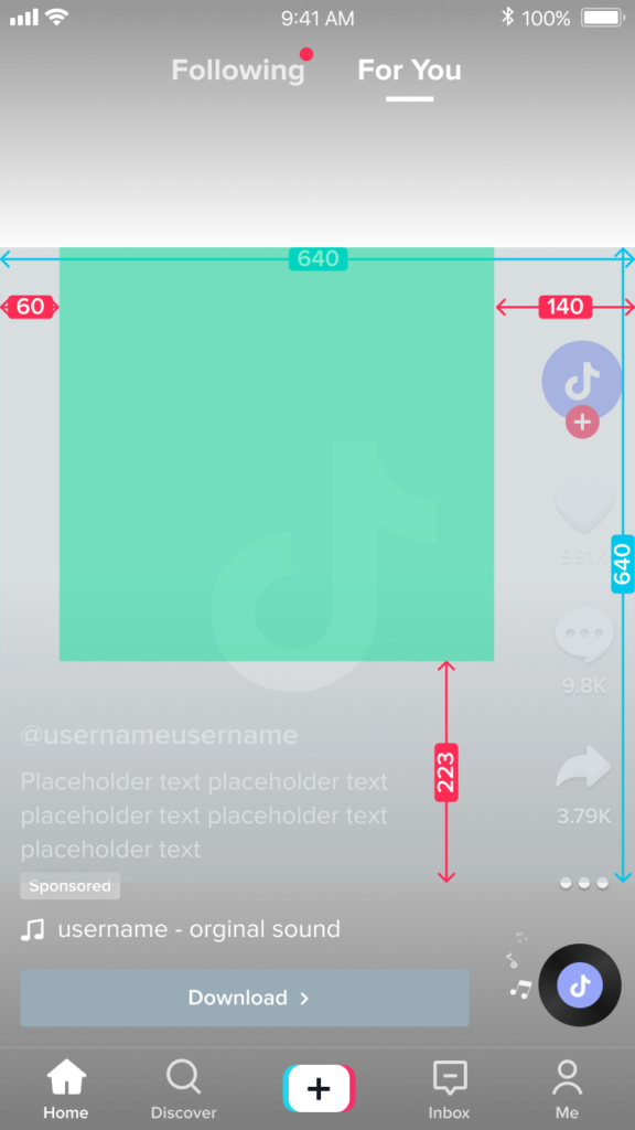 Schermafbeelding van TikTok horizontaal videoformaat met afmetingen voor een veilige zone voor drie regels tekst.