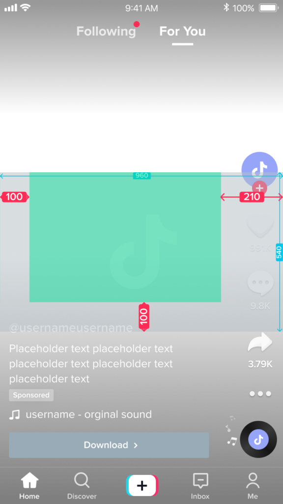 Screenshot of TikTok horizontal video format with measurements for a safe zone for three lines of copy.