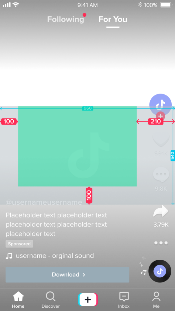 Schermafbeelding van TikTok horizontaal videoformaat met afmetingen voor een veilige zone voor drie regels tekst.