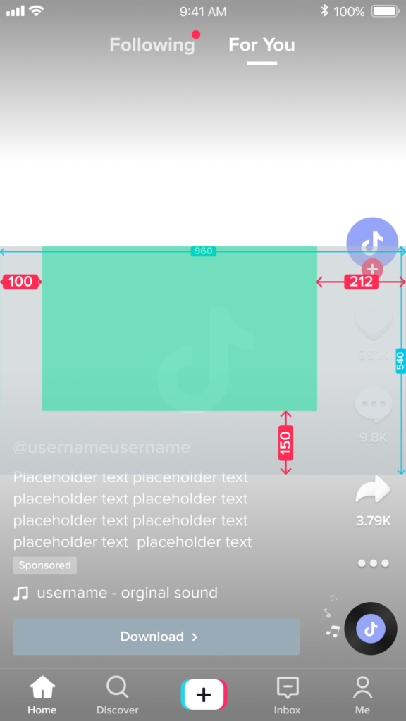 Screenshot of TikTok horizontal video format with measurements for a safe zone for four lines of copy.