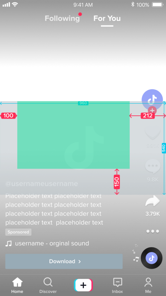 Schermafbeelding van TikTok horizontaal videoformaat met afmetingen voor een veilige zone voor vier regels tekst.