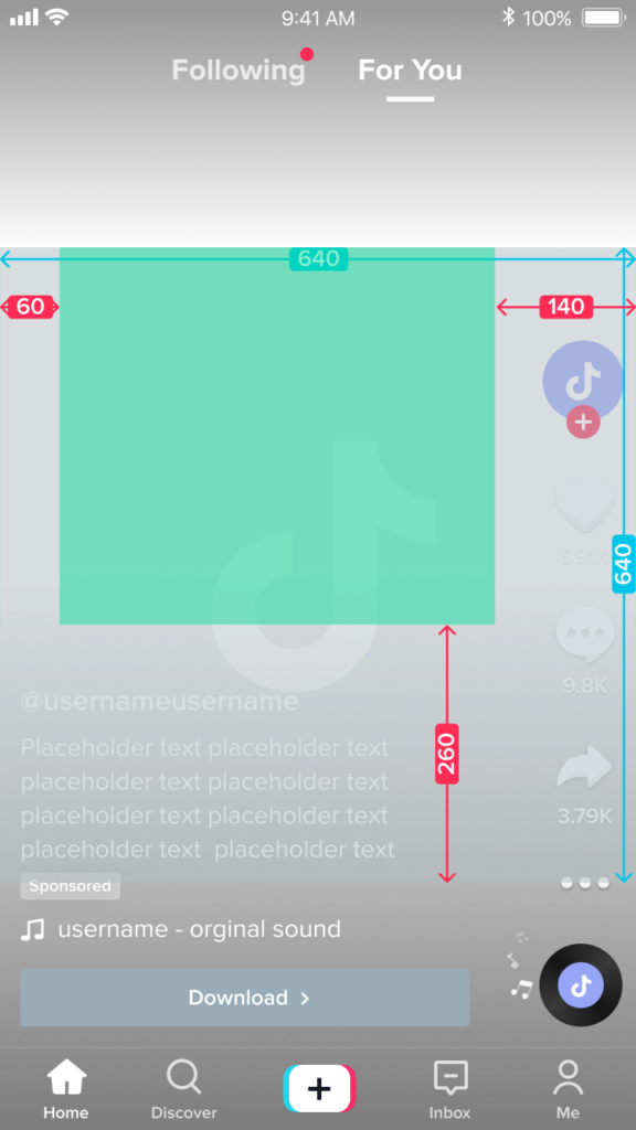 Screenshot of TikTok square video format with measurements for a safe zone for four lines of copy.