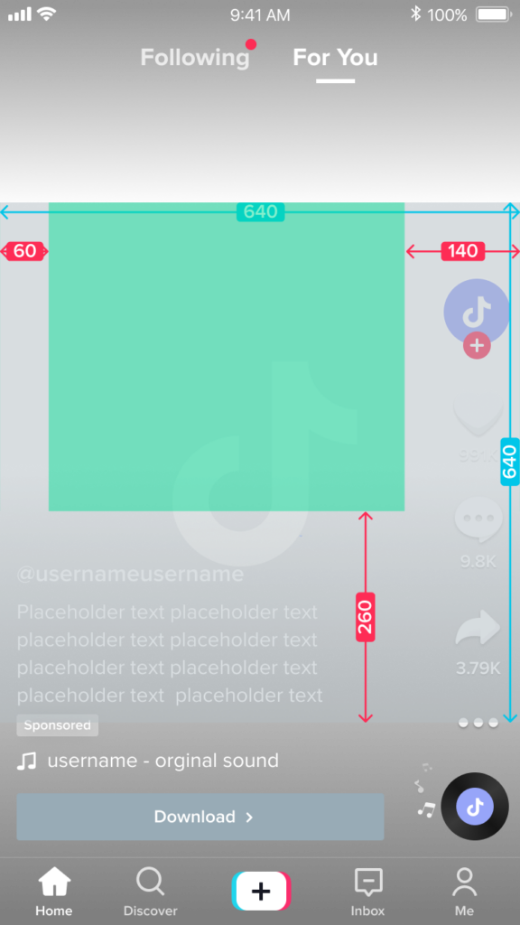 Screenshot van TikTok vierkant videoformaat met afmetingen voor een veilige zone voor vier regels tekst.