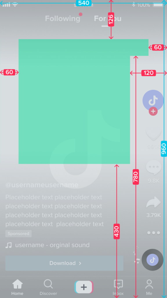 Screenshot of TikTok vertical video format with measurements for a safe zone for four lines of copy.